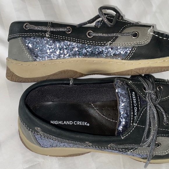 Highland Creek Black Silver Glitter Shimmer Leather Boat Shoes Topsiders New - Picture 4 of 17